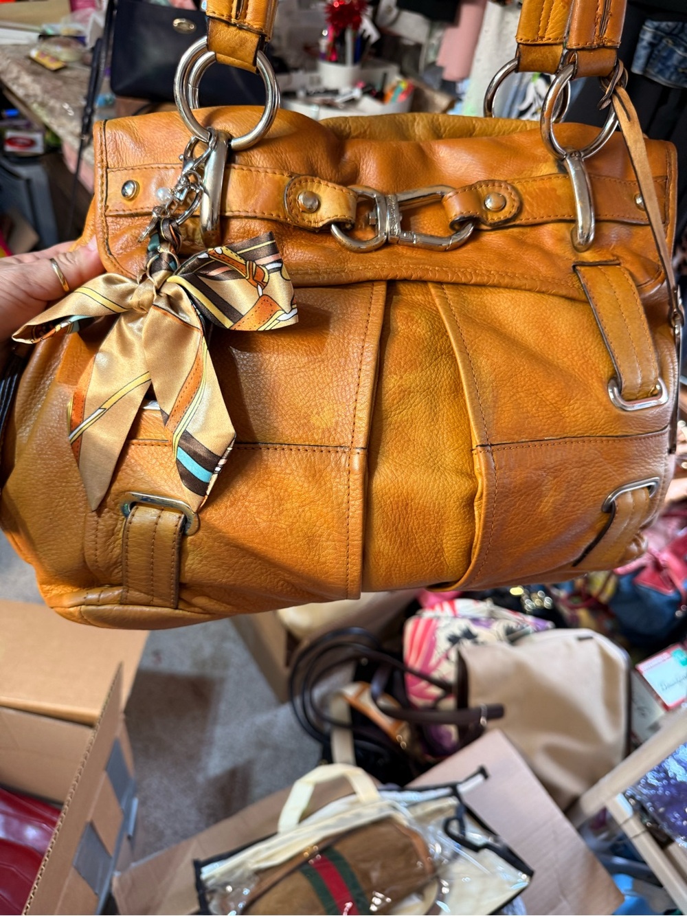 b. makowsky Mustard Leather Shoulder Bag with Scarf Accent